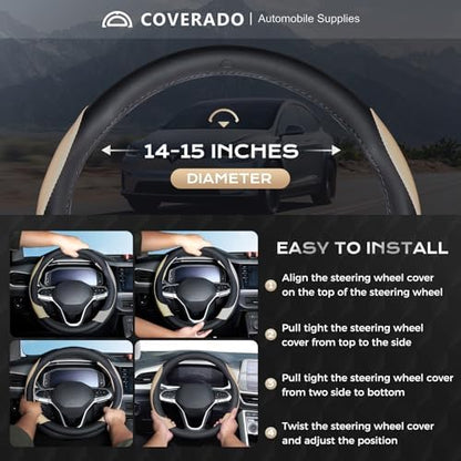 Coverado Car Steering Wheel Cover, Nappa Leather Black & Brown Steering Wheel - Image 5