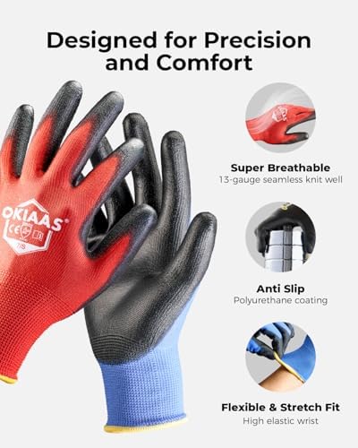 OKIAAS PU Coated Work Gloves Men, Ultra Grip & Lightweight, 60 Pairs Bulk - Image 2