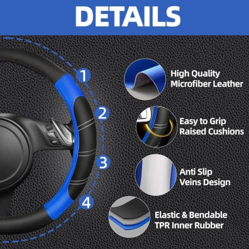 NBTEPEM 6 Pcs Blue Steering Wheel Cover Set, Sport Microfiber Leather Steering - Image 3
