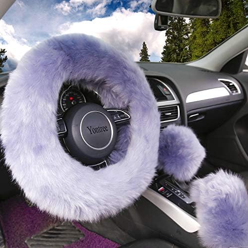 Gray Fluffy Sheepskin Car Steering Wheel Covers by Yontree
