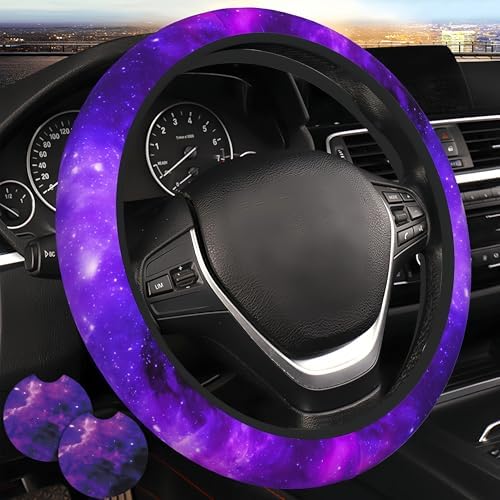 Starry Sky Purple 3Pc car Set: Steering Wheel Cover 15in + 2 Cup Coasters by Unknown