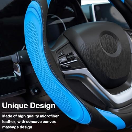 Concave Convex Massage Black Blue Microfiber Leather Steering Wheel Cover - Image 4