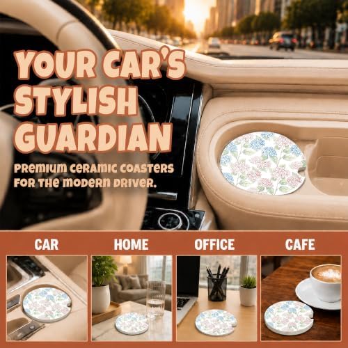 Blue Pink Hydrangea Car Coasters, Retro Coastal Floral Cup Holders - Image 4