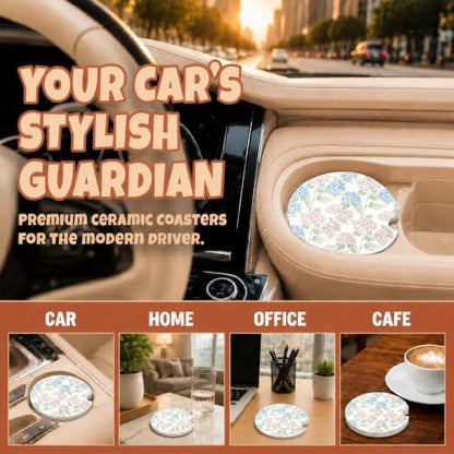 Blue Pink Hydrangea Car Coasters, Retro Coastal Floral Cup Holders - Image 4