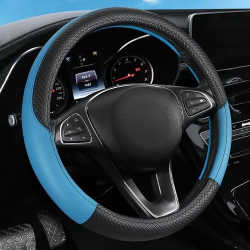 Leather Patchwork Black Blue Steering Wheel Cover, 14.5-15 Inch Non-Slip - Image 2