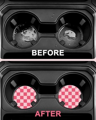 Swooflia Checkerboard Ceramic Car Coasters Set of 2, Light and Dark Pink - Image 4
