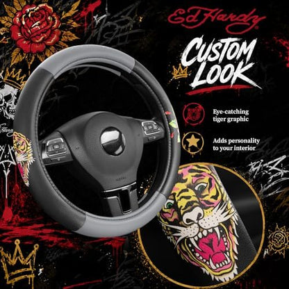 ED HARDY Tiger Print Steering Wheel Cover, Fits 14.5-15.5 Inch Steering Wheels - Image 3