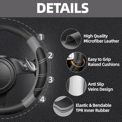 NBTEPEM 6 Pcs Grey Steering Wheel Cover Set, Sport Microfiber Leather Steering - Image 3