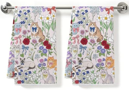 ZHAMEN 2 Pcs Cute Cat Kitchen Towel, Floral Soft Absorbent Hand Tea Towel by ZHAMEN