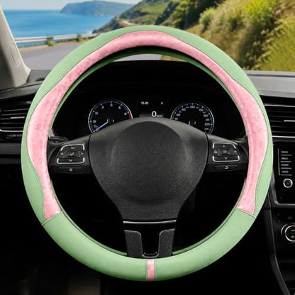 Pink & Green Patterned Leather Patchwork Steering Wheel Cover, 14.5-15 Inch by ExquisiteCarAccessories