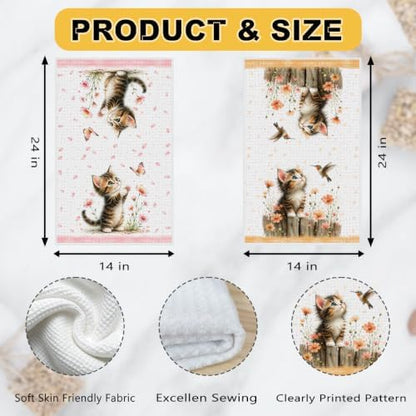 2 Pcs Cute Cat Kitchen Towels, Cat Theme Soft Absorbent Hand Tea Towels 02 - Image 3