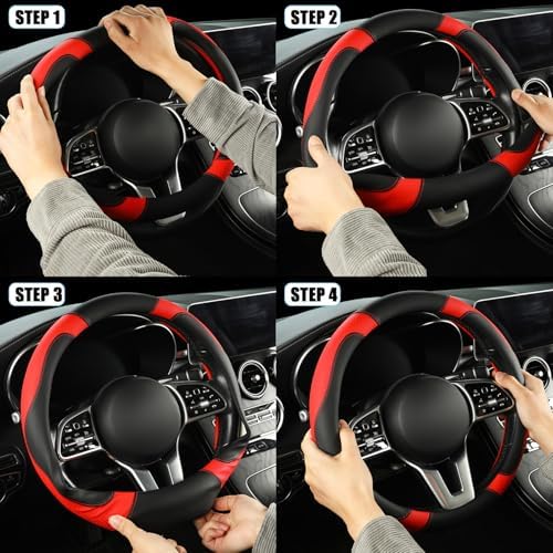 Black Red Microfiber Leather Steering Wheel Cover 14 inch - Image 6