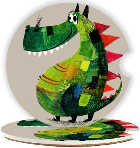 Ceramic Car Cup Holder Coasters Set of 2, 2.56 in Green Dinosaur by Mengduxd