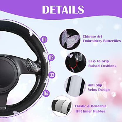 Car Pass Purple Embroidery Butterfly Steering Wheel Cover, Universal 15 Inch - Image 3
