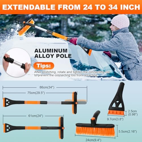 34" Extendable Ice Scrapers for Car Windshield 2-in-1 Snow Brush for Car Snow - Image 2
