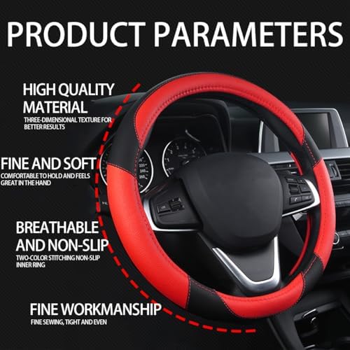 BESULEN 15 Inch Steering Wheel Cover Soft Leather Protector Black/Red - Image 6