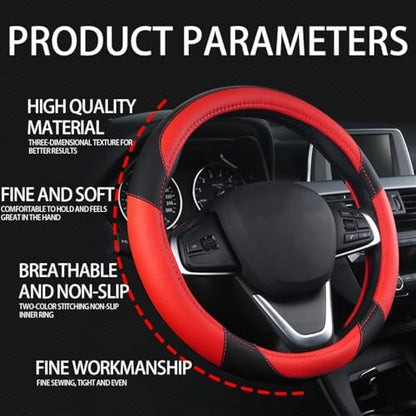BESULEN 15 Inch Steering Wheel Cover Soft Leather Protector Black/Red - Image 6