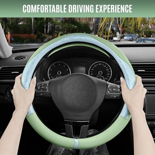 PIC AUTO Steering Wheel Cover, Light Blue Patterned & Green Leather Patchwork - Image 5