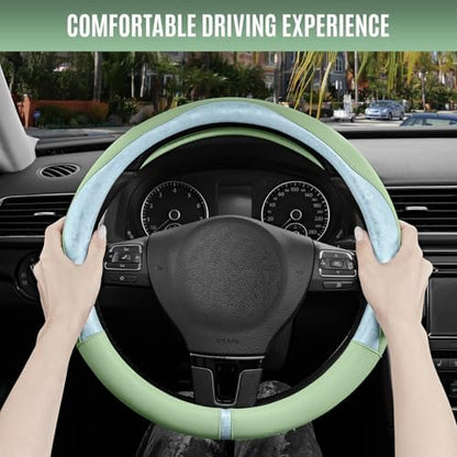 PIC AUTO Steering Wheel Cover, Light Blue Patterned & Green Leather Patchwork - Image 5