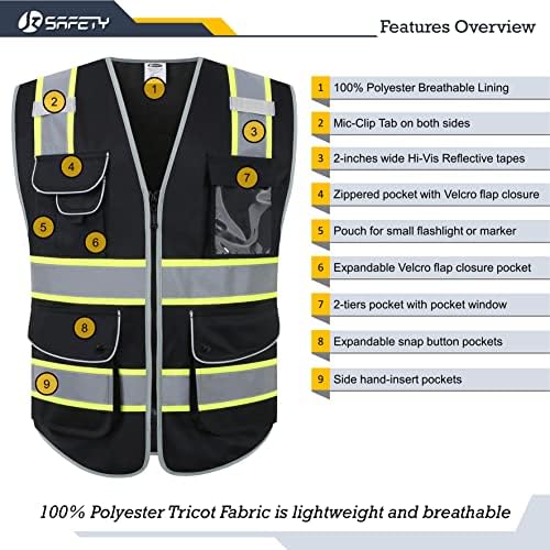 JKSafety Safety Vest for Men Women Reflective Hi Vis JK901 Black M - Image 3