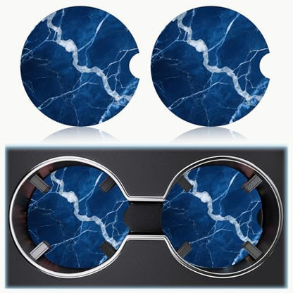 Ceramic Car Cup Holder Coasters Set of 2, 2.56 in Dark Blue Marble - Image 6