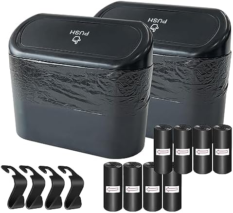 2 Pack Car Trash Can with Lid+4 PCS Car Hooks, Mini Auto Dustbin Trashcan by Kitbest