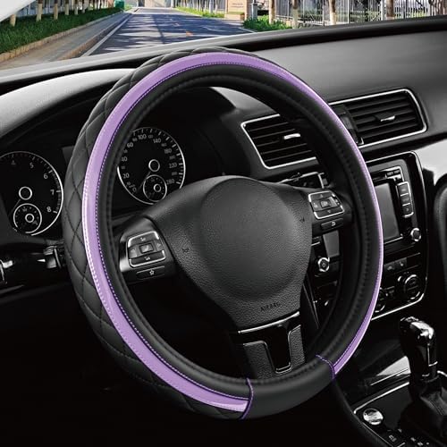 Road Comforts Leather Steering Wheel Cover – Black & Purple, Universal Fit by RoadComforts