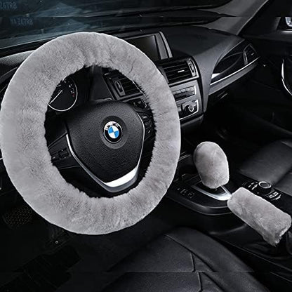 3Pcs/Set Pure Wool Fur Furry Steering Wheel Cover, Soft Fluffy Handbrake Cover by AOGELAN