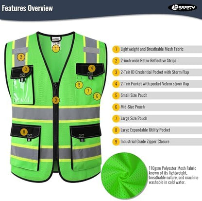 JKSafety Safety Vest for Men Women Hi Vis Reflective Vest JK220 Green L - Image 4