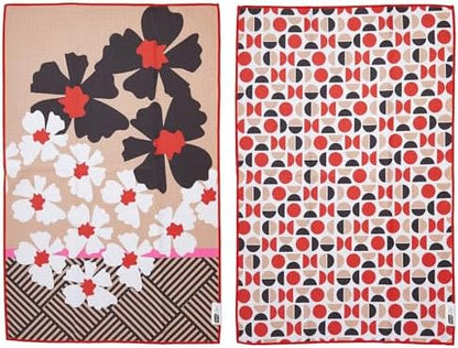 Ritz Waffle Microfiber Kitchen Towel 2pc Set – White Black Flowers and Moons – by RITZ