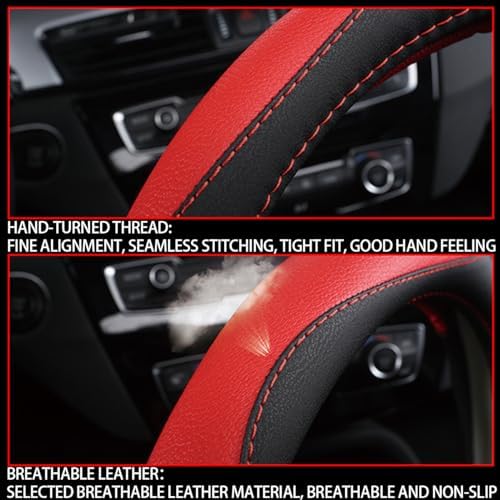 BESULEN 15 Inch Steering Wheel Cover Soft Leather Protector Black/Red - Image 5