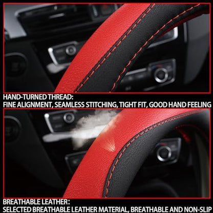 BESULEN 15 Inch Steering Wheel Cover Soft Leather Protector Black/Red - Image 5