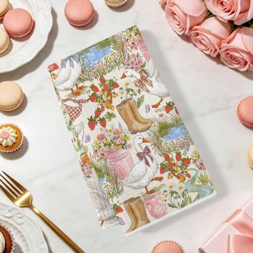 2 Pcs Cute Goose Kitchen Towels, Floral Farm Soft Absorbent Hand Tea Towel - Image 2
