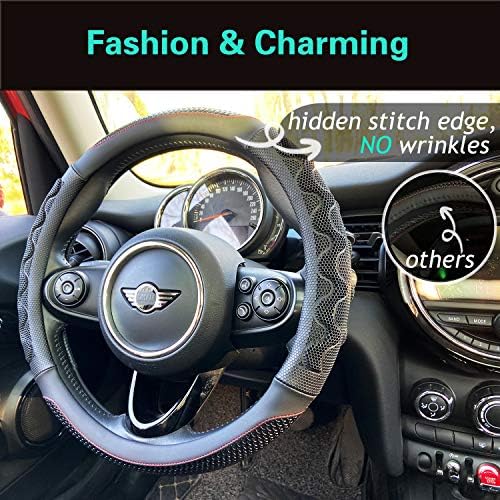 PINCTROT Small 14In Round Steering Wheel Cover Great Grip Black/Red Stitch - Image 2