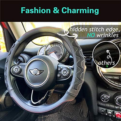 PINCTROT Small 14In Round Steering Wheel Cover Great Grip Black/Red Stitch - Image 2