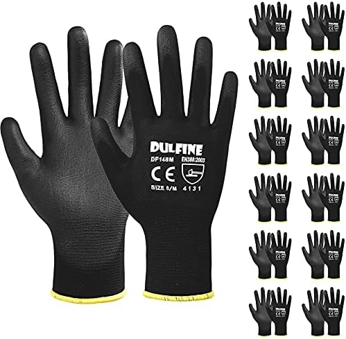 DULFINE Safety Work Gloves for Men 12 Pairs, Ultra-Thin PU Coated Black M by DULFINE
