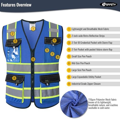 JKSafety Safety Vest for Men Women Hi Vis Reflective Vest JK220 Blue XL - Image 4