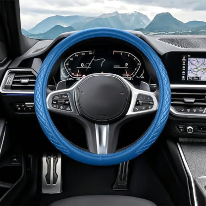 AUCELI 14.5-15 Inch Steering Wheel Cover Non-Slip Leather, Dark Blue - Image 5