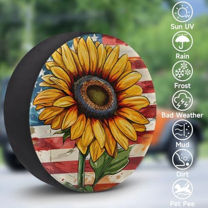 Spare Tire Cover for RV Trailer, American Flag Sunflowers Flower Waterproof Sun - Image 3