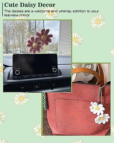 Crochet Daisy Car Accessories for Women Cute Rear View Mirror Hanging Charm - Image 4