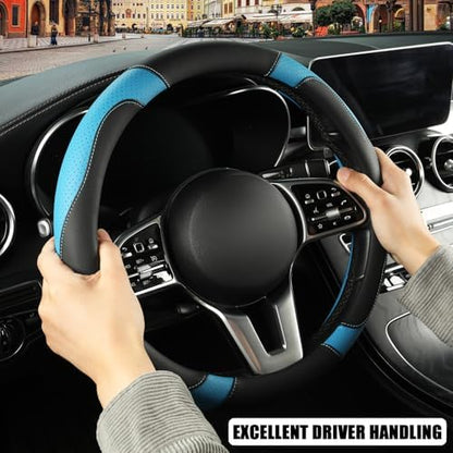 Black Blue Microfiber Leather D Shaped Steering Wheel Cover - Image 5