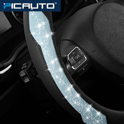 PIC AUTO Steering Wheel Cover, Light Blue Sparkly Crystal Bling Glitter - Image 5