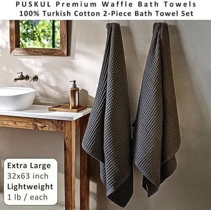 PÜSKÜL Natural 100% Turkish Cotton Waffle Bath Towels Set of 2, Extra-Large - Image 4