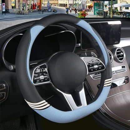15 inch Cute Leather D Shape Steering Wheel Cover Black Blue - Image 2