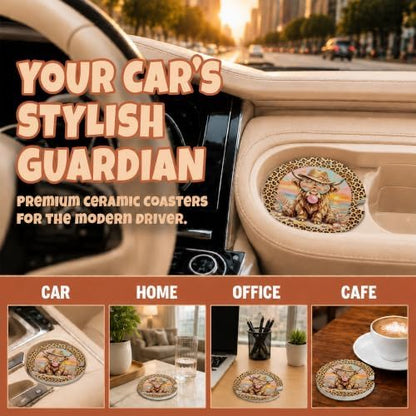 Western Highland Cow Car Coasters, Leopard Print Coquette Cup Holders - Image 4