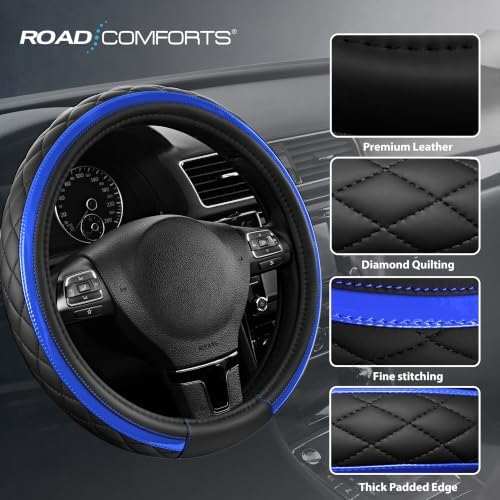 Road Comforts Leather Steering Wheel Cover – Black & Blue, Universal Fit - Image 4
