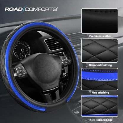 Road Comforts Leather Steering Wheel Cover – Black & Blue, Universal Fit - Image 4
