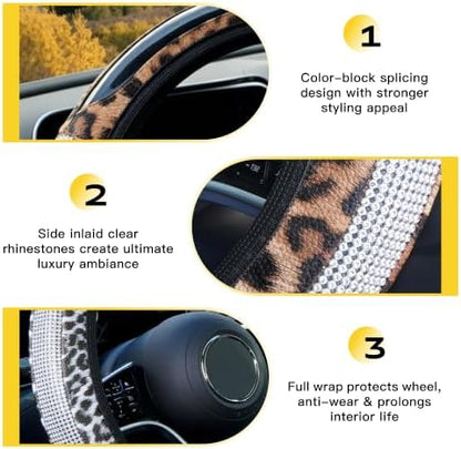 Bling Rhinestone Cheetah Steering Wheel Cover Leather White - Image 3