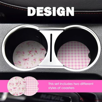 Car Cup Coasters 2-in-1 Style Set, 2.6-Inch Bow-Shaped/Checkered Cup Holder - Image 3