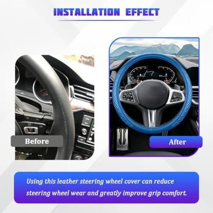 AUCELI 14.5-15 Inch Steering Wheel Cover Non-Slip Leather, Dark Blue - Image 3